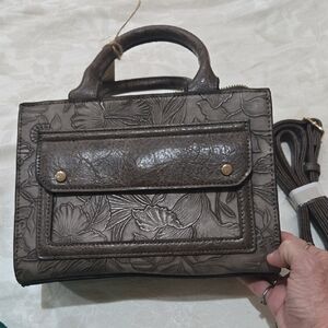 Embossed Floral Satchel Handbag in Brown
